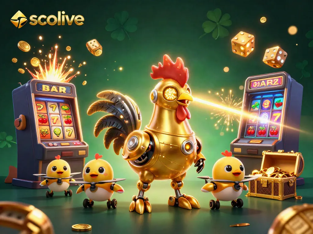 Engage with socolive's thrilling slot action featuring a golden rooster robot and rich game elements.