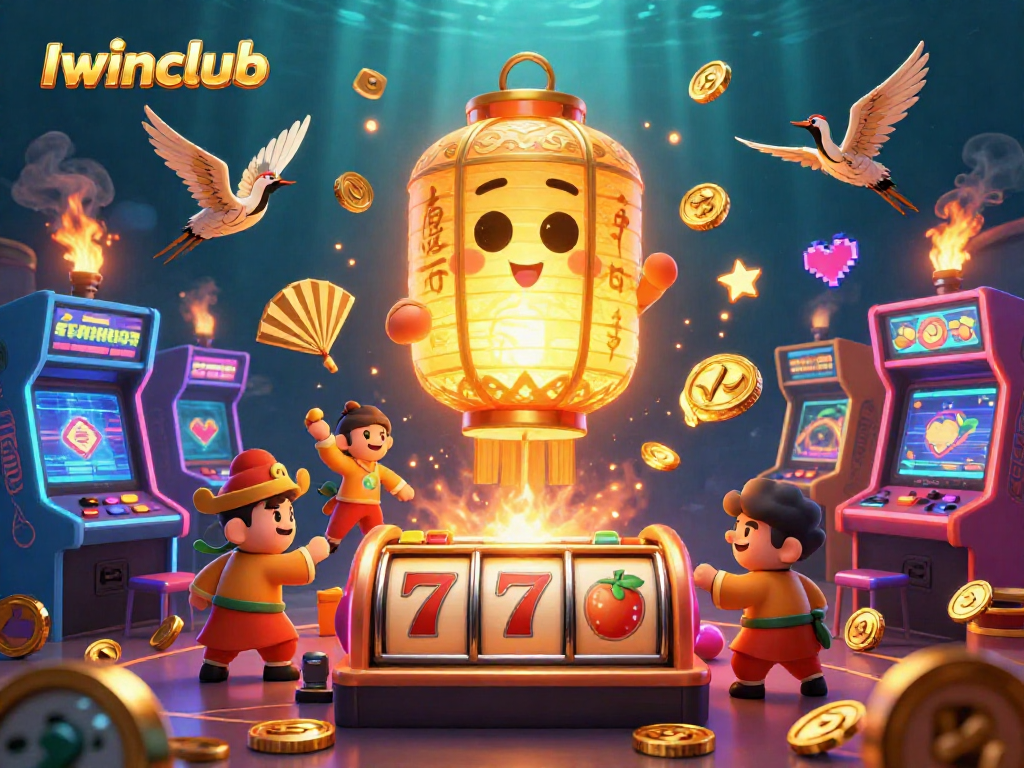 Iwinclub offers thrilling slots surrounded by lantern spirits and immersive game elements in a vibrant casino illustration.