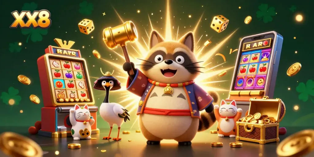 Play XX8 with vibrant slot machines and lively characters celebrating wins.