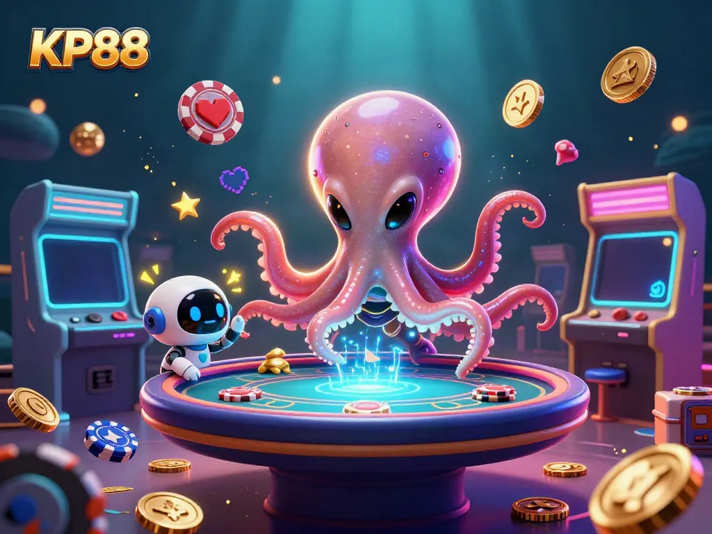 Experience exciting gaming with KP88's 3D cartoon alien octopus and holographic poker table.