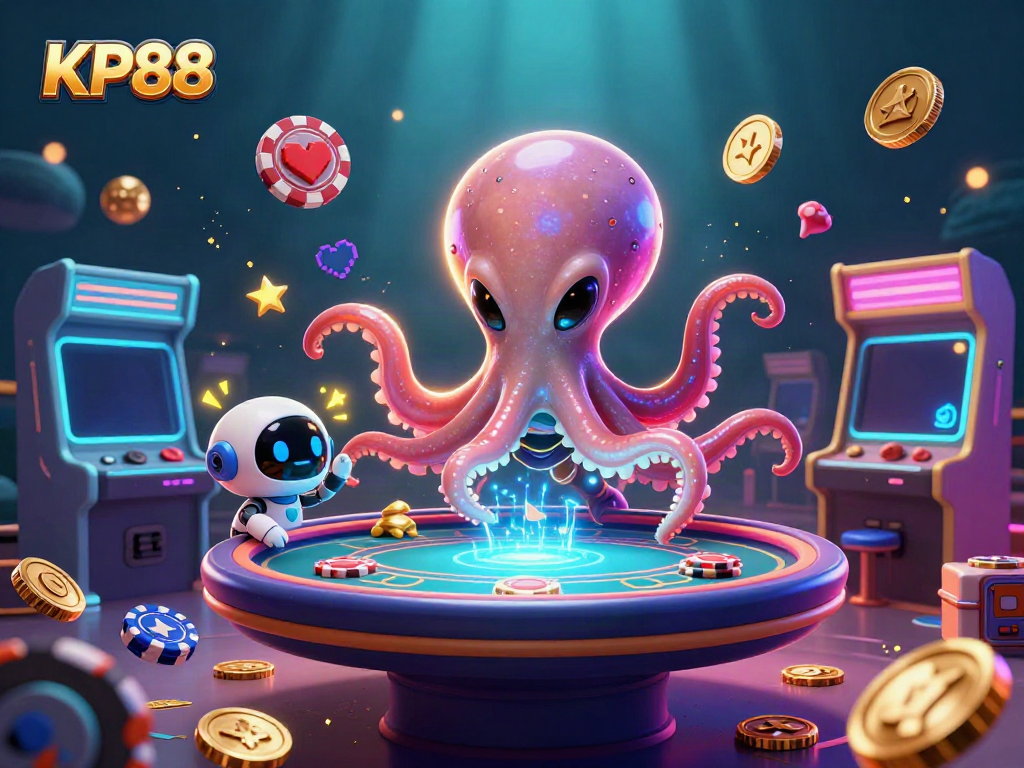 Experience exciting gaming with KP88's 3D cartoon alien octopus and holographic poker table.