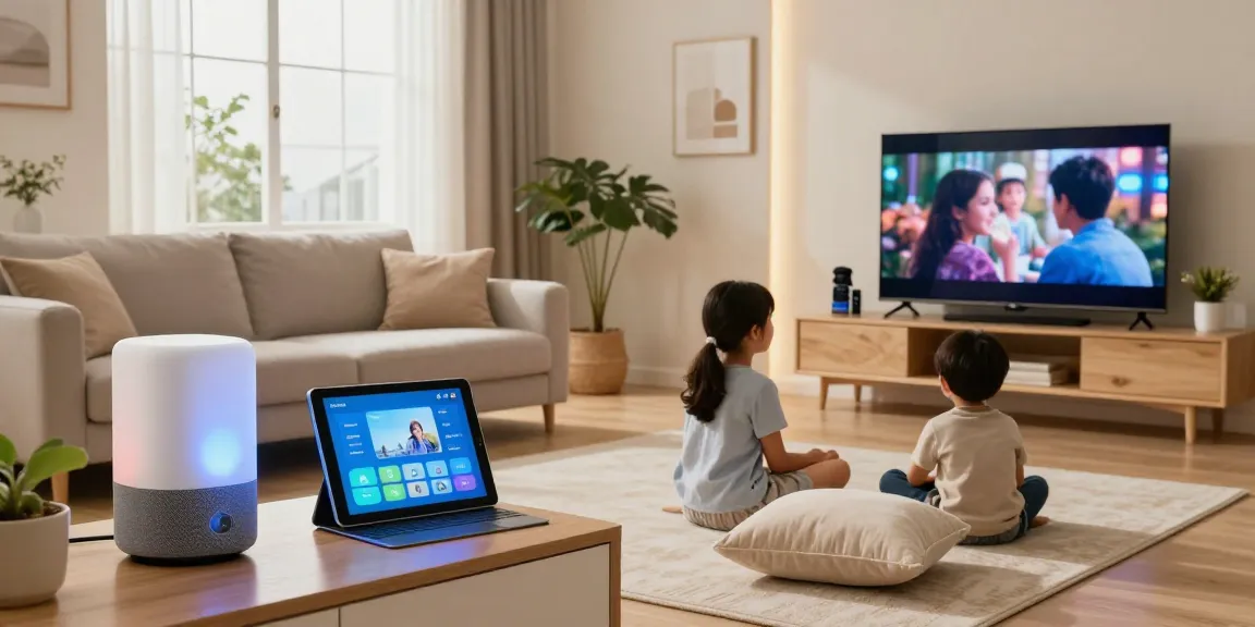 Family enjoying smart home gadgets in a cozy living room setting.