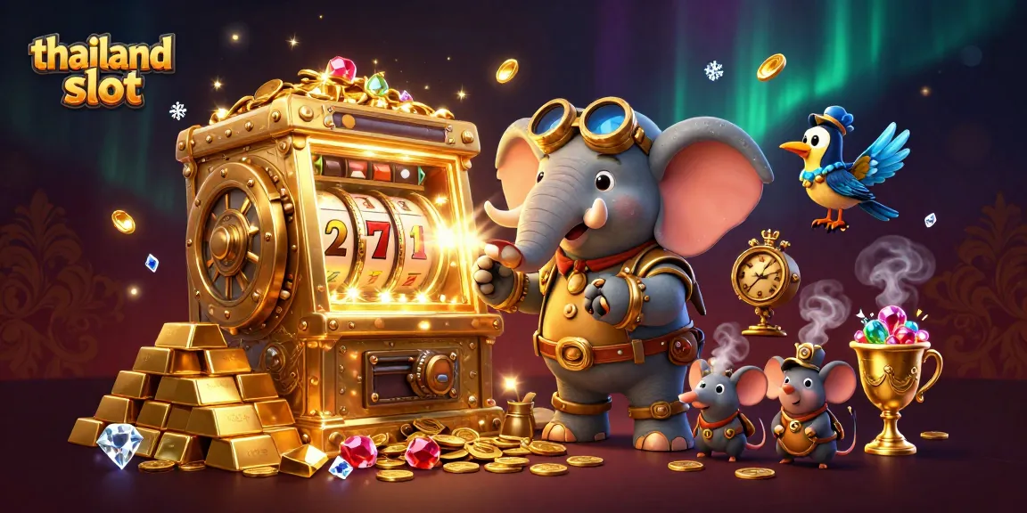 Spin the reels and win with thailand slot in a vibrant 3D steampunk casino scene filled with treasures.
