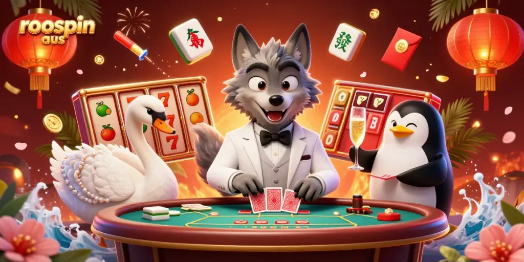 Exciting casino scene with roospin aus characters enjoying baccarat amid dynamic gaming elements.