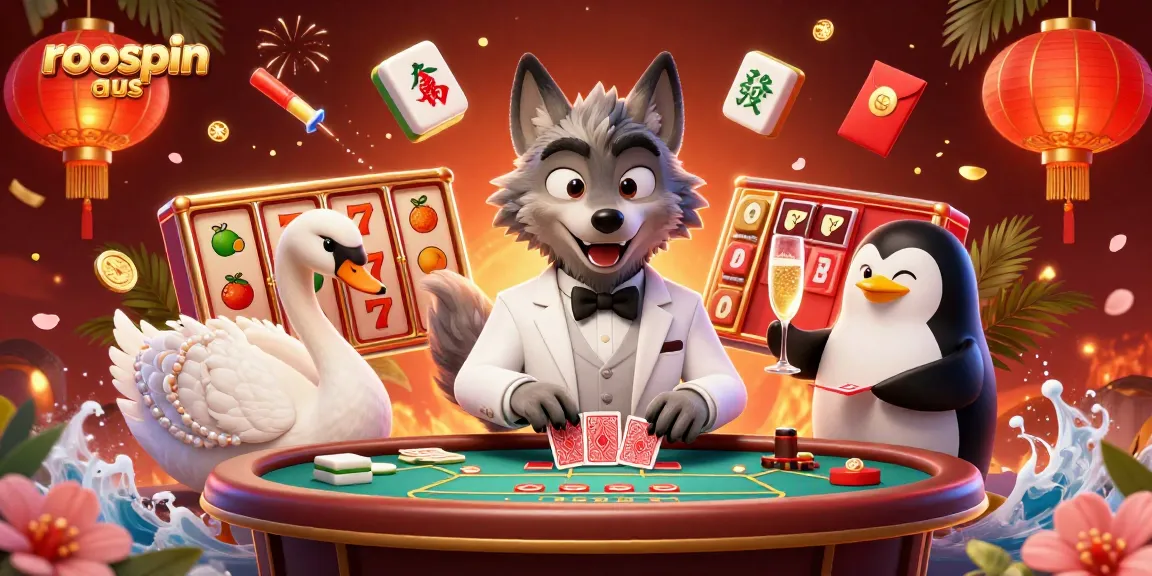 Exciting casino scene with roospin aus characters enjoying baccarat amid dynamic gaming elements.