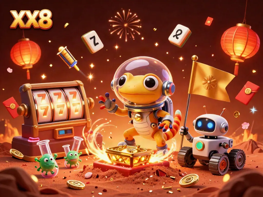 Experience the excitement of XX8 with a Martian gecko uncovering a golden casino on Mars.