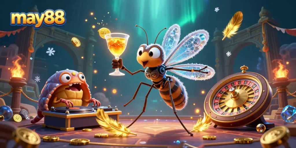 Experience the thrill of may88 with a vibrant casino scene featuring a frozen mosquito mascot and dynamic game elements.