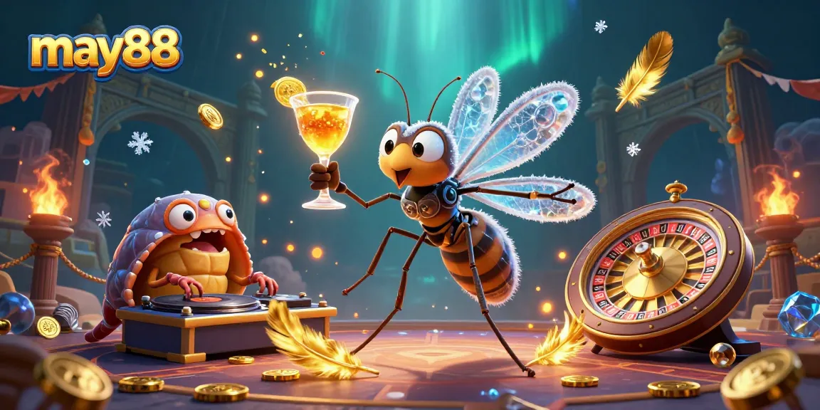Experience the thrill of may88 with a vibrant casino scene featuring a frozen mosquito mascot and dynamic game elements.