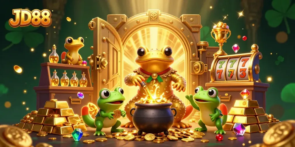 Experience JD88’s enchanting casino world with treasures and gold in this vibrant scene.