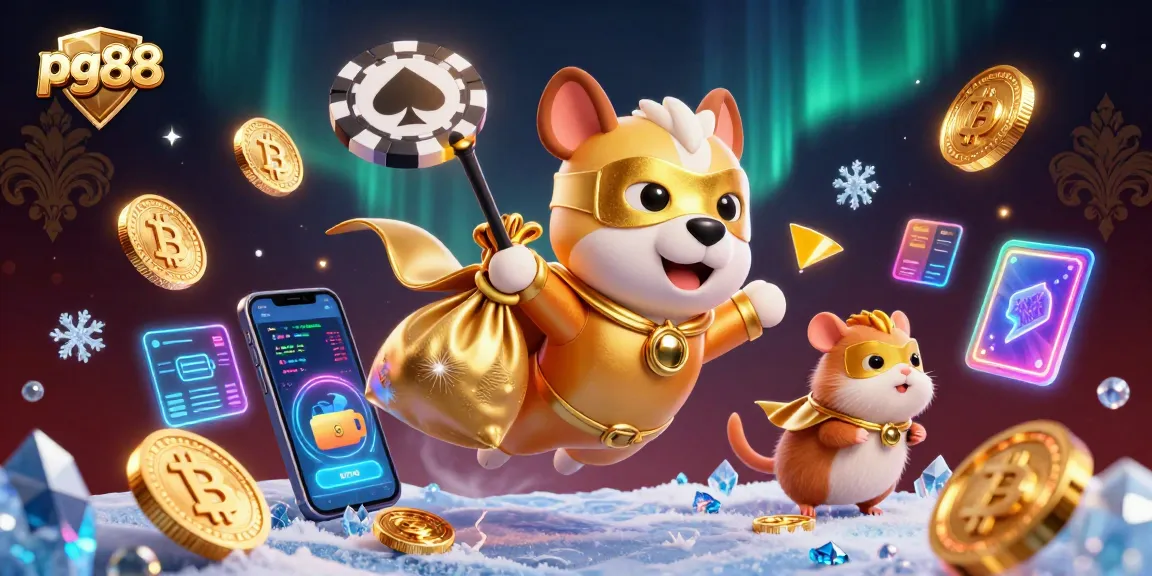 Witness the excitement of pg88 with a superhero dog flying through vibrant, dynamic casino elements.