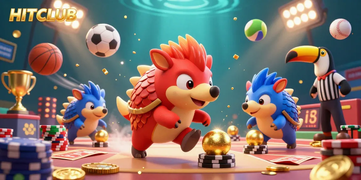 Experience HITCLUB's vibrant casino energy with dynamic pangolins bowling through poker chips.