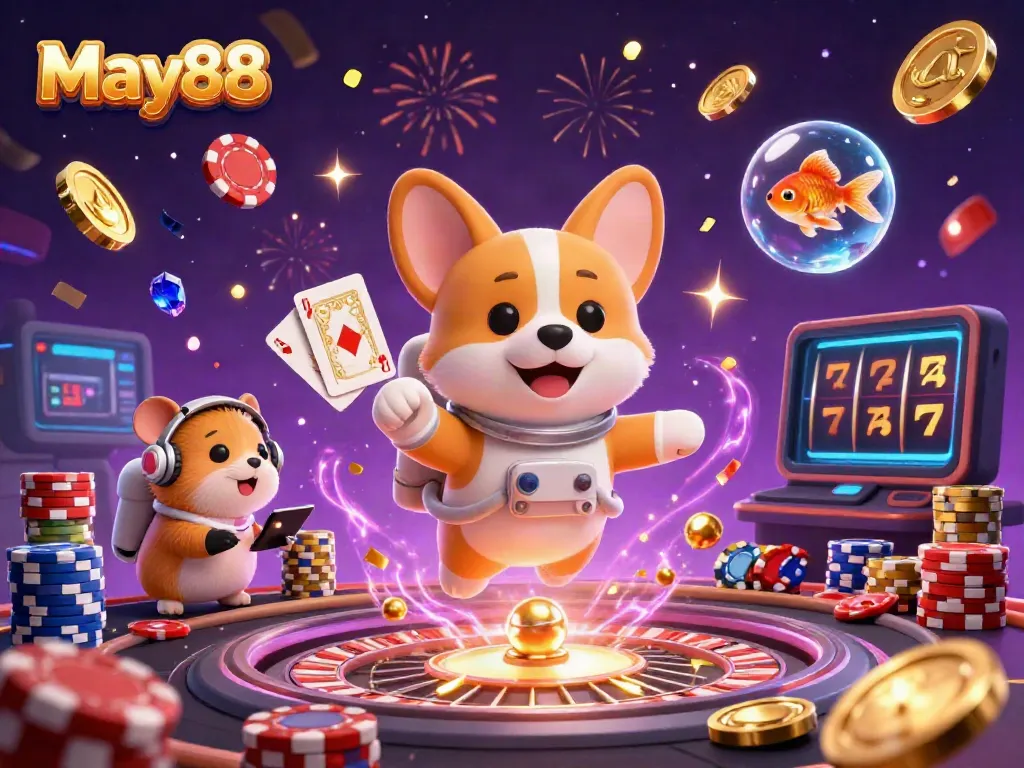 Experience the excitement at May88 with a vibrant 3D casino scene featuring characters immersed in gaming thrills.