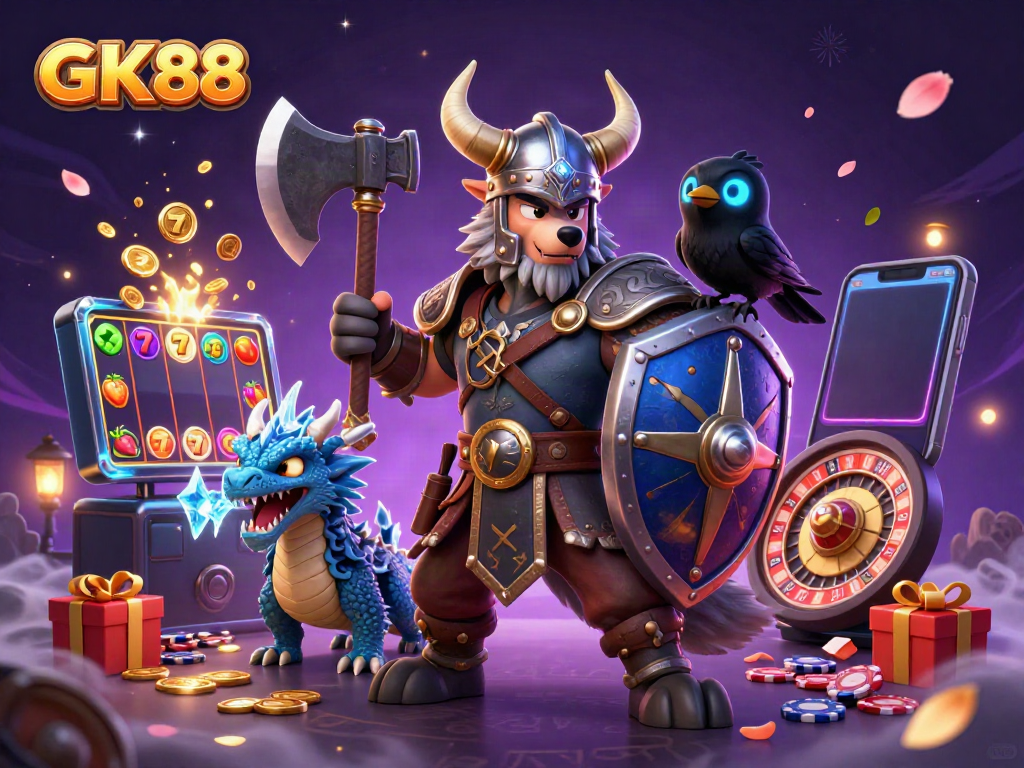 Engage with GK88's thrilling slot games led by a Viking warrior and magical creatures.