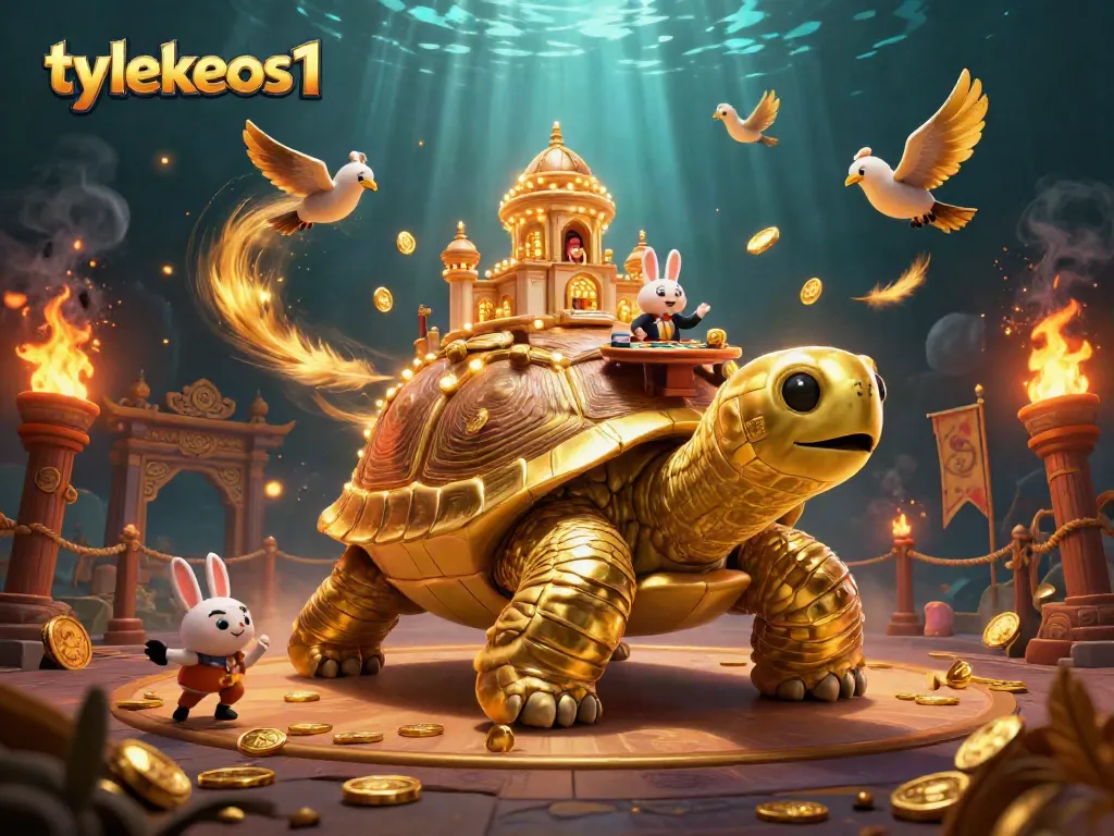 Engage with tylekeos1's extraordinary casino scene featuring a golden tortoise and rabbit dealer.