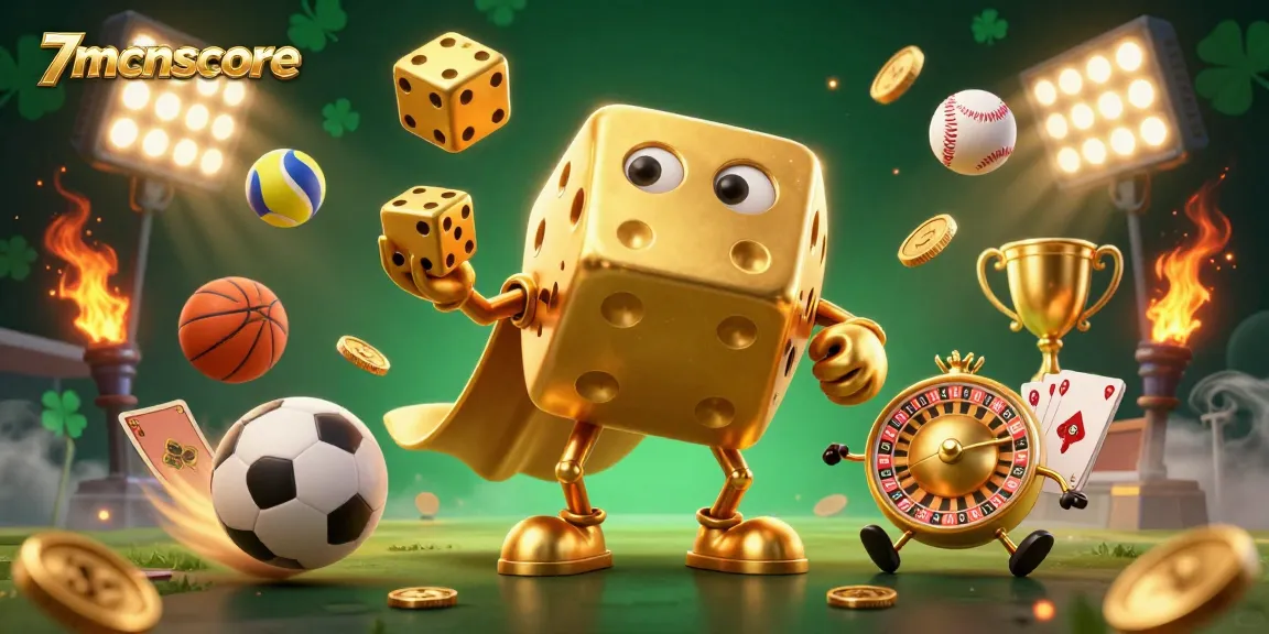 Engage with 7mcnscore in this vibrant 3D illustration showcasing dynamic sports betting action with dice and sports elements.