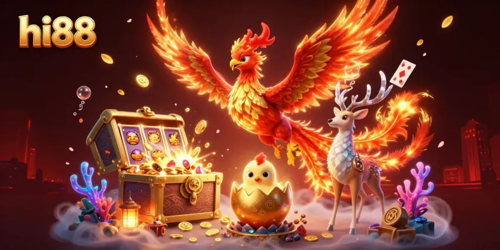 Experience the excitement of hi88 with vibrant illustrations of a phoenix and rich casino elements.