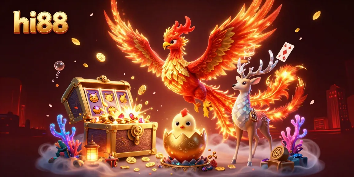 Experience the excitement of hi88 with vibrant illustrations of a phoenix and rich casino elements.