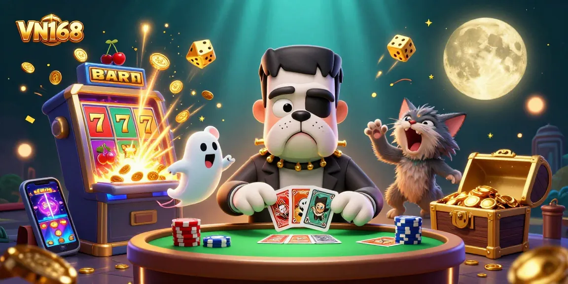 Experience thrilling casino action with VN168 as a bulldog monster deals cards amid casino extravagance.