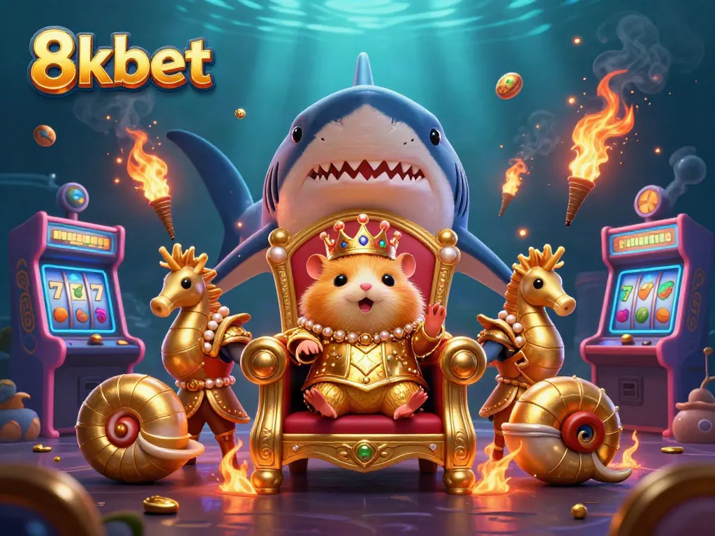 Play exciting games at 8kbet with a vibrant underwater casino scene featuring a hamster king.