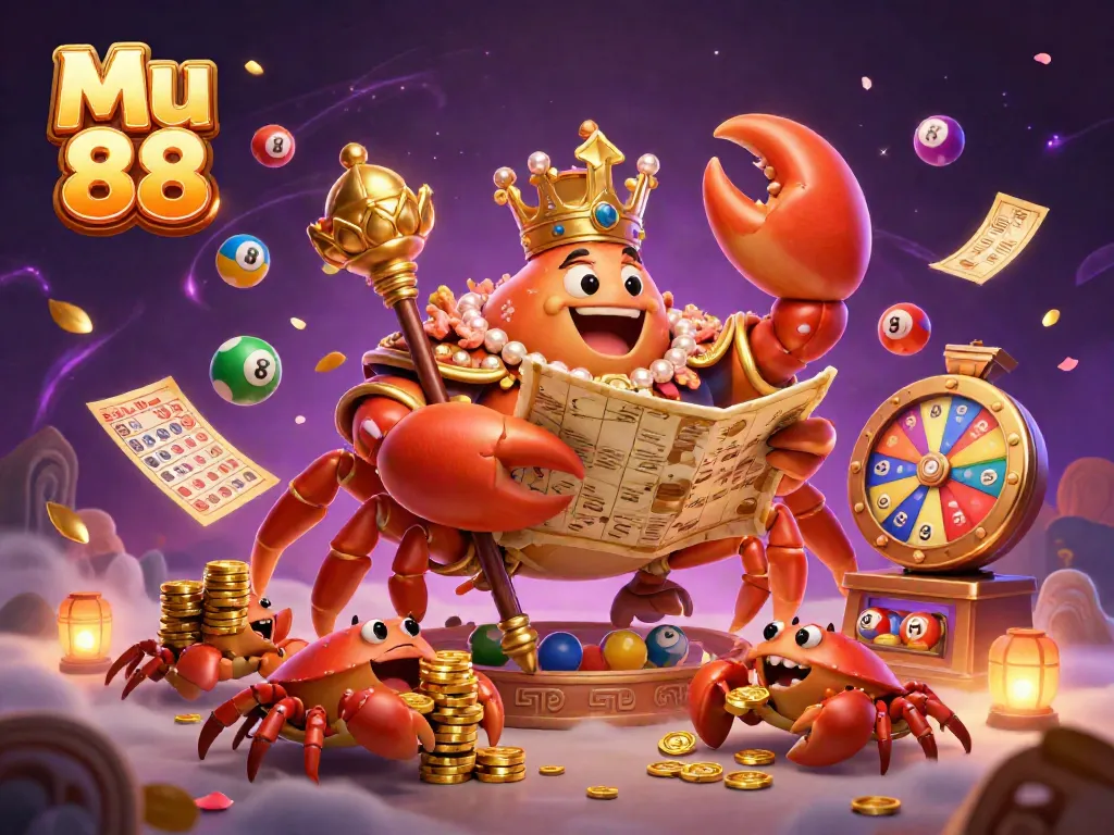 Participate in thrilling gaming experiences at Mu 88 with vibrant visuals of a golden crab emperor holding treasures.