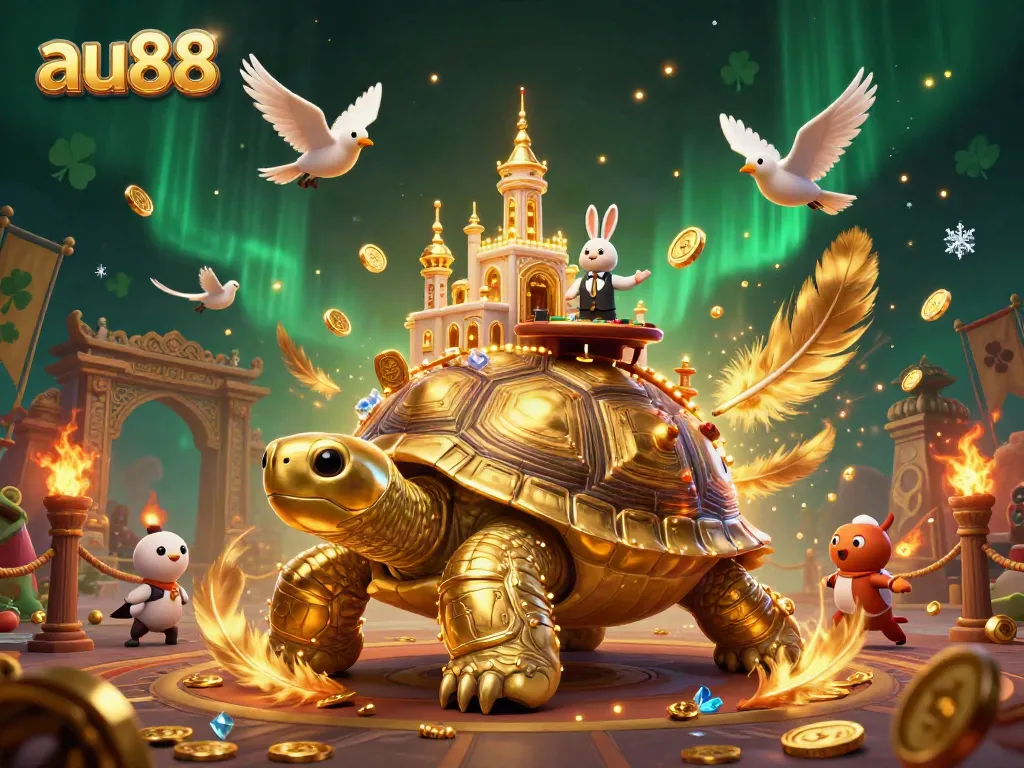 Experience the thrill of au88 casino with a vibrant illustration featuring a giant tortoise carrying a casino palace.