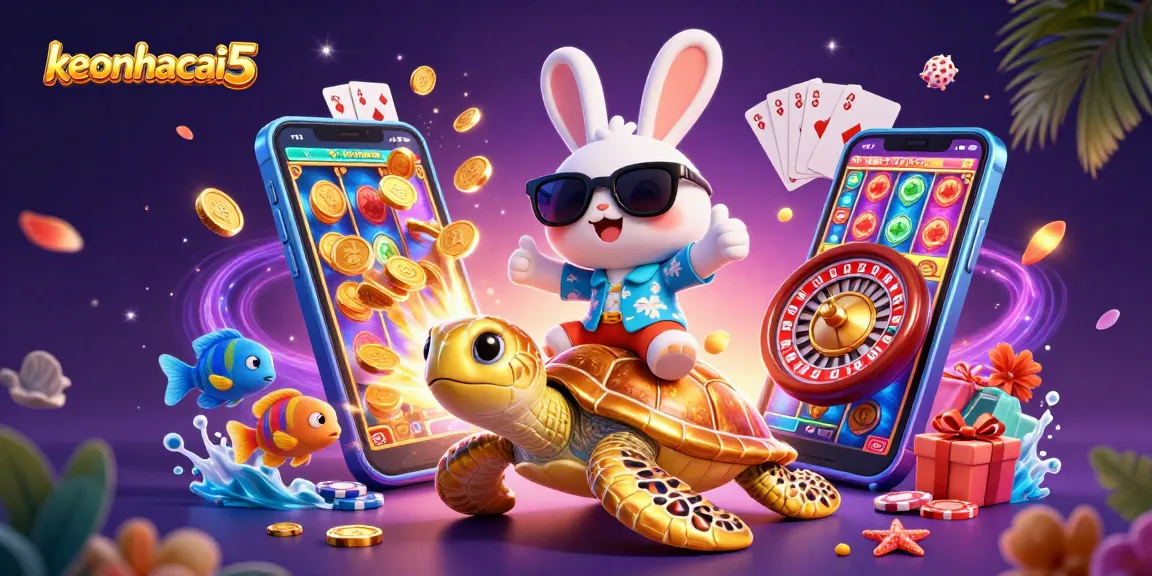 Experience the vibrant thrill of keonhacai5 with a lucky rabbit and golden turtle in an exciting casino scene.