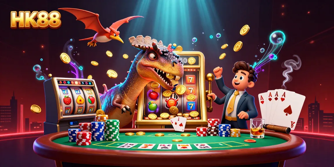 Experience the thrill at HK88 as a pachycephalosaurus hits a slot machine, unleashing a cascade of jackpot coins.