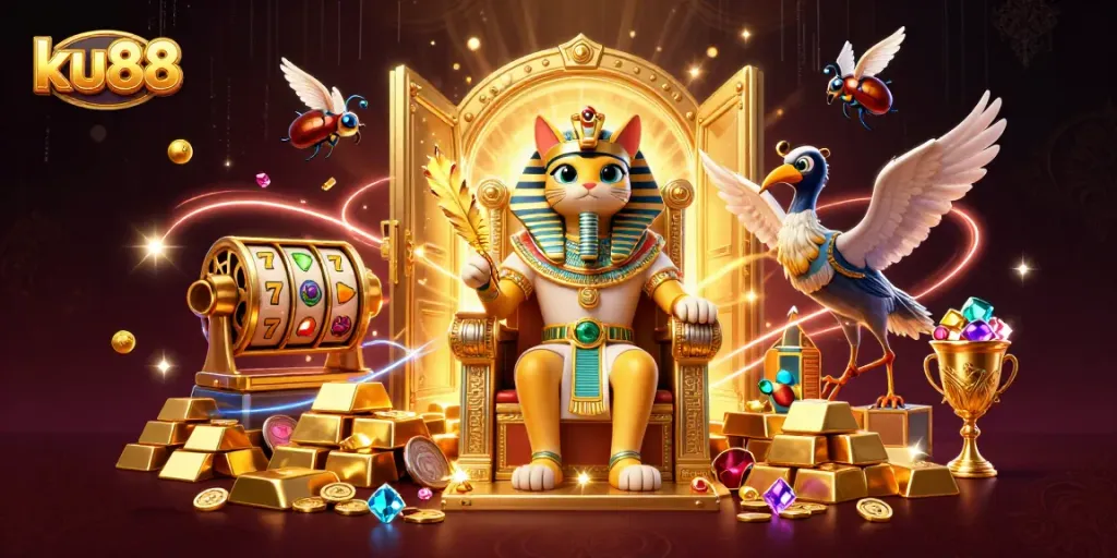 Experience thrilling casino fun with ku88's Egyptian-themed 3D illustration featuring dynamic game elements.