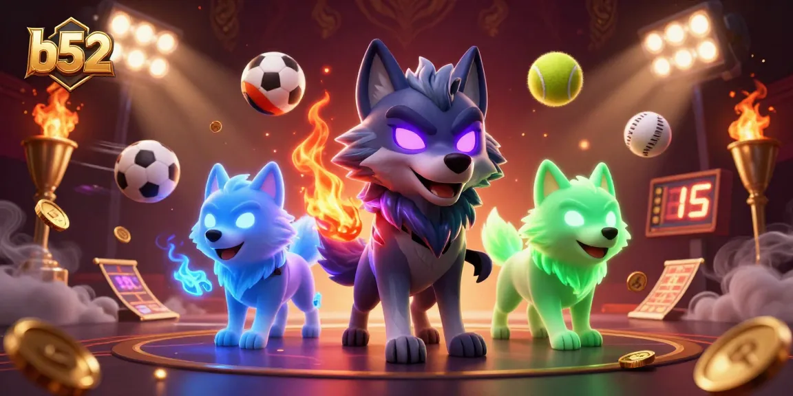 Experience thrilling gameplay at b52, featuring a dynamic wolf pack amidst sports elements and glowing visuals.