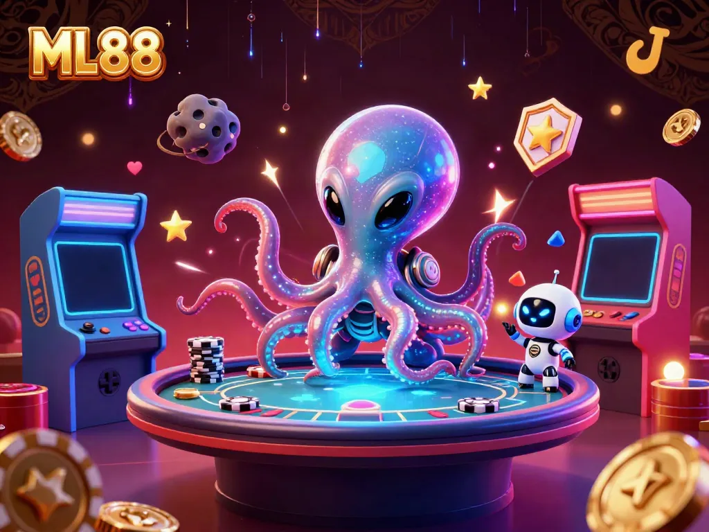 Join the excitement at ML88 with a 3D alien octopus dealing poker in a cosmic casino.