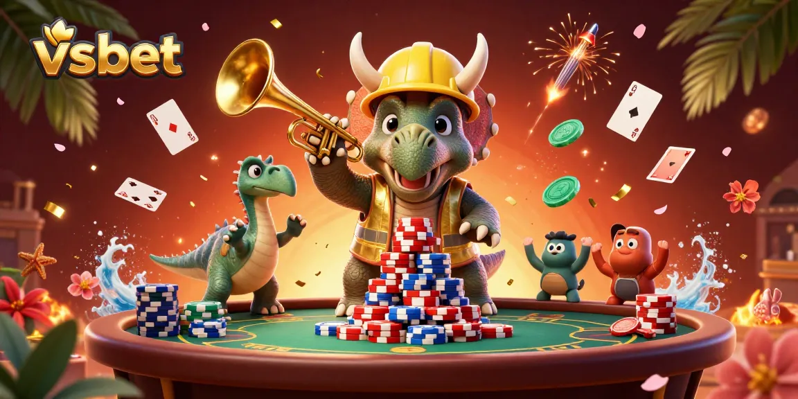 Celebrate winning strategies at vsbet with lively 3D characters and poker chips in action.