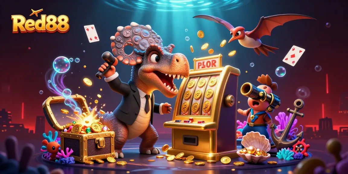 Red88 illustrates a comic scene with dinosaurs in a vibrant casino setting, winning jackpots and catching coins!