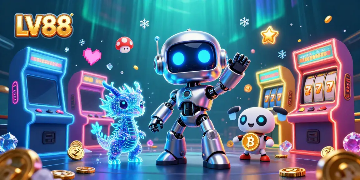 Experience vibrant gaming at LV88 with a futuristic robot, AI dragon, and bitcoin drone in a dynamic casino scene.