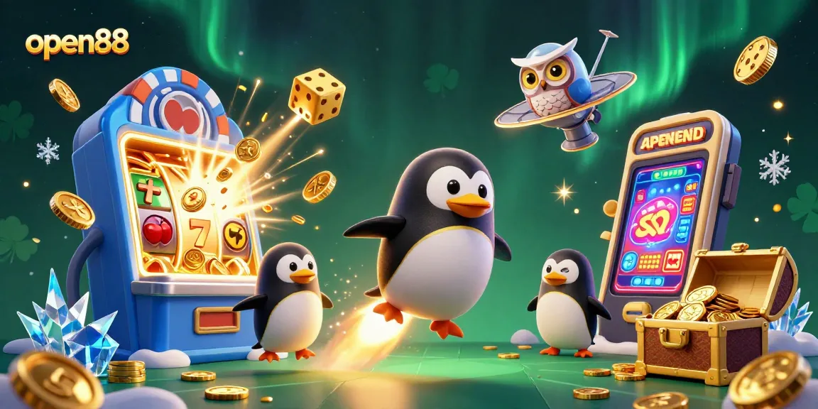 Spin and win with open88 as a golden penguin navigates a vibrant casino galaxy overflowing with riches.
