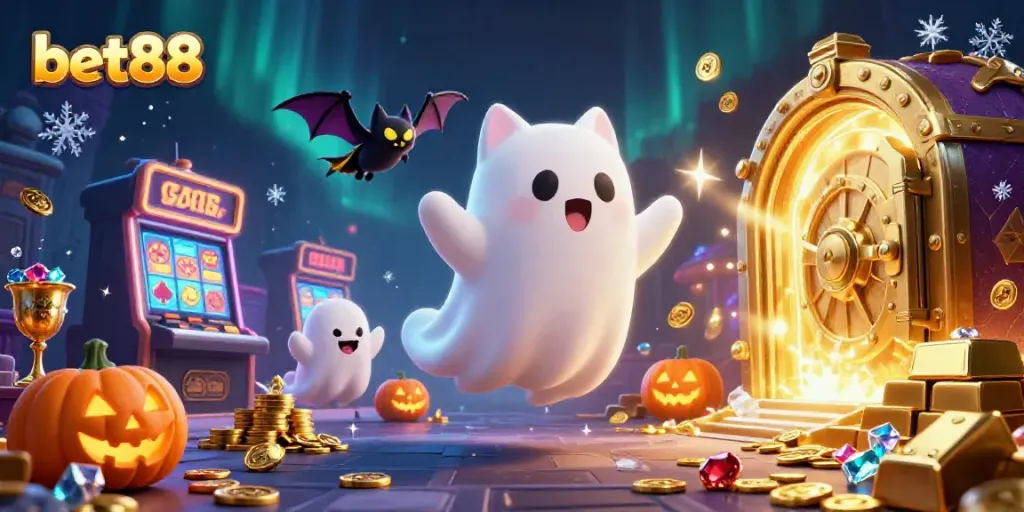 bet88 ghost cat and vampire bat explore a haunted casino with glowing treasures.