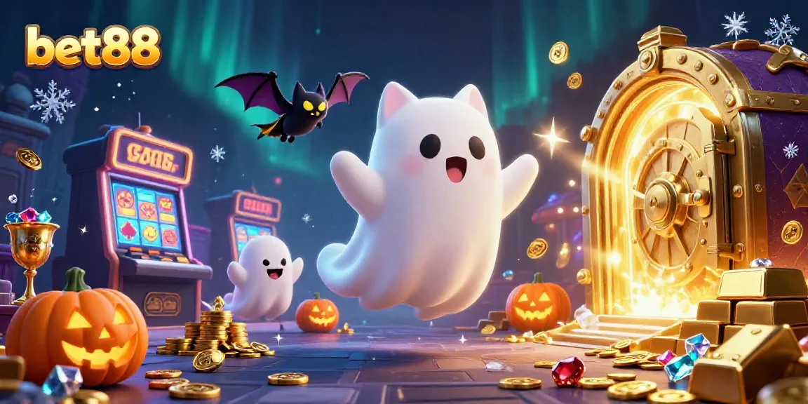 bet88 ghost cat and vampire bat explore a haunted casino with glowing treasures.