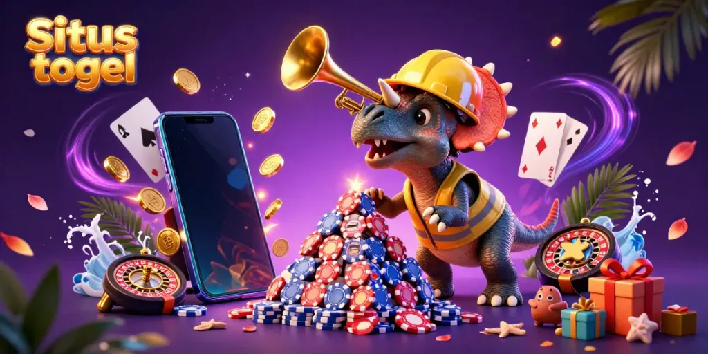 Situs togel celebration with a triceratops building poker chip pyramid and a parasaurolophus celebrating.