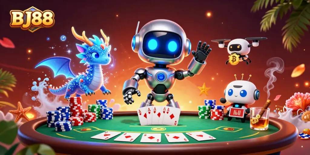 Engage with BJ88 in a vibrant poker scene featuring a cyberpunk robot, a dragon, and gaming elements.