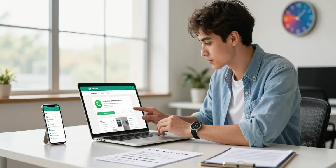 WhatsApp下載 page on multiple devices showcasing the app features in a modern workspace.