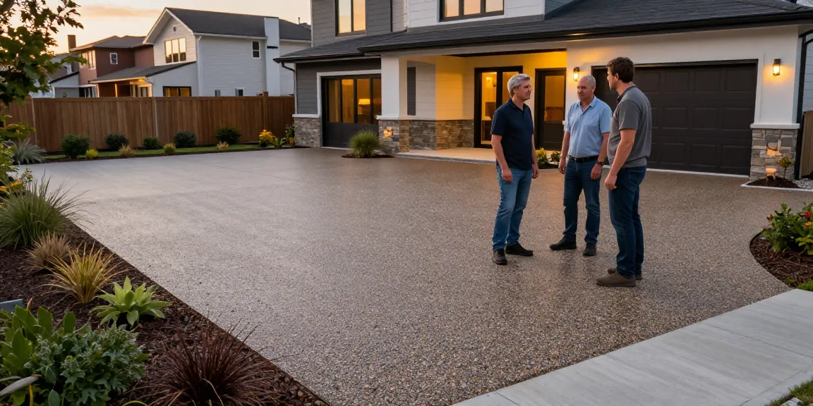 Resin driveway experts inspecting a seamless driveway installation showcasing quality materials in Dublin.