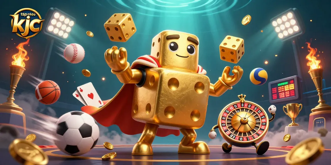 Engage in the thrilling world of the tập đoàn kjc as a golden dice golem juggles excitement and winnings in a vibrant casino scene.