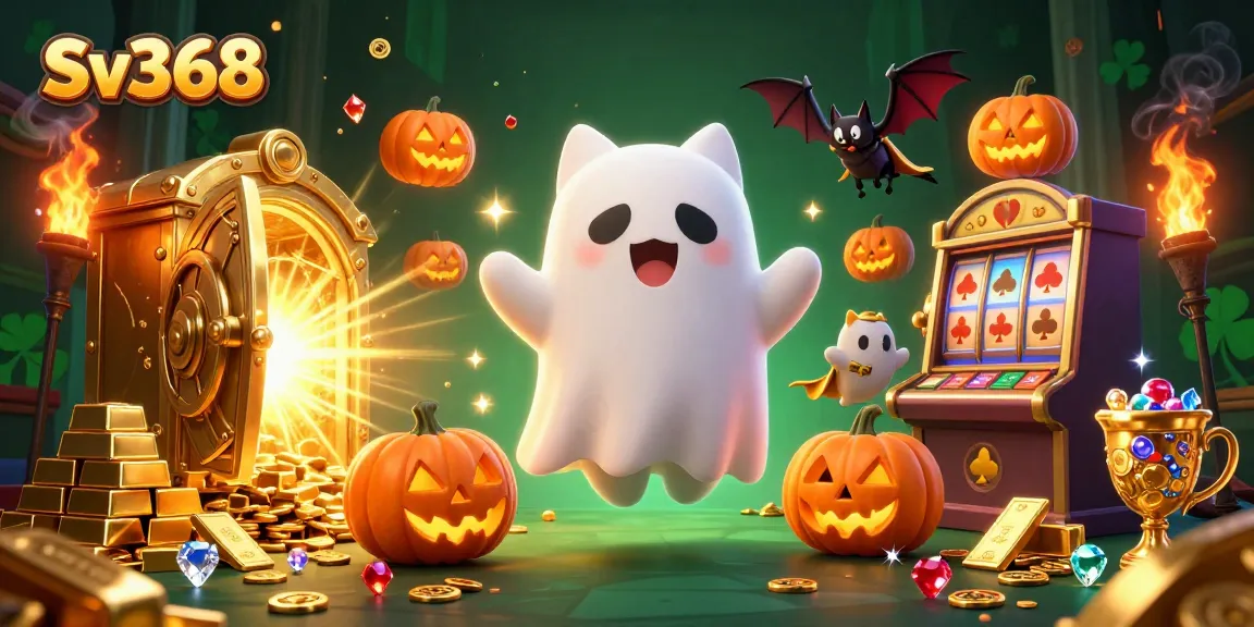 Sv368 showcases vibrant casino fantasies featuring ghost cat and vampire bat in a rich gambling scene.