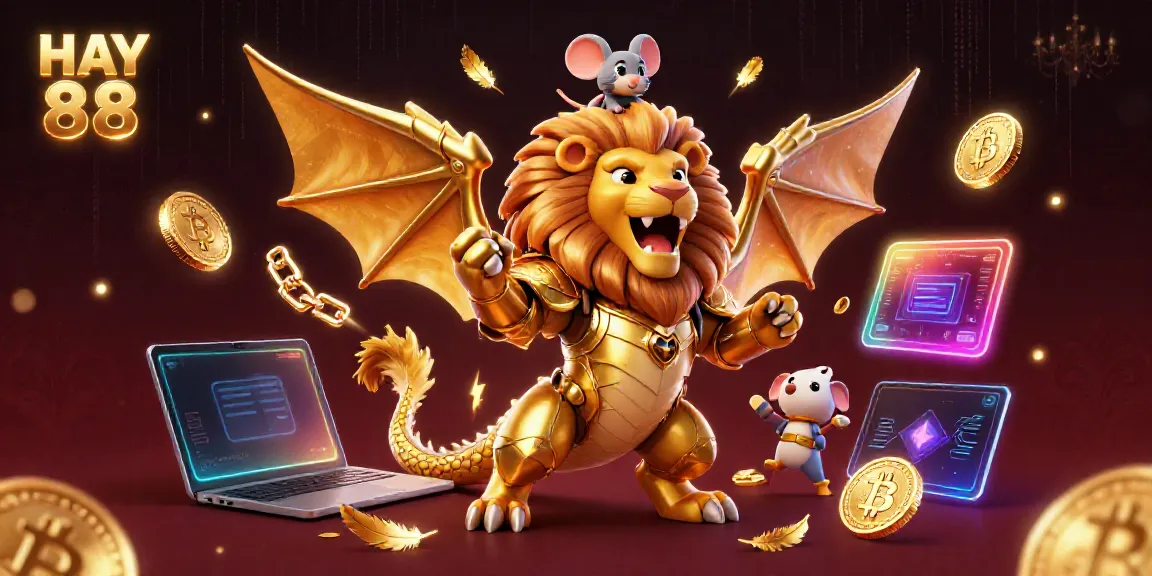 Engage in the thrilling HAY 88 gaming experience with a vibrant 3D chimera warrior and dynamic cryptocurrency elements.