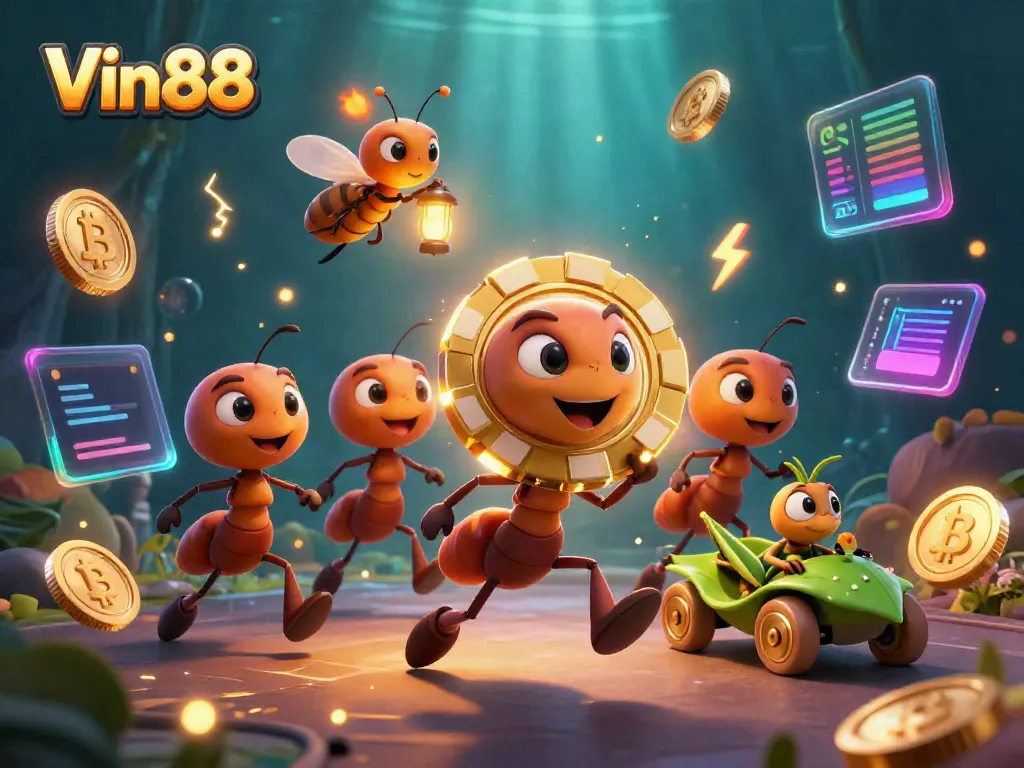 Experience the thrilling world of Vin88 with our dynamic heist scene showcasing playful ants and exciting casino elements.