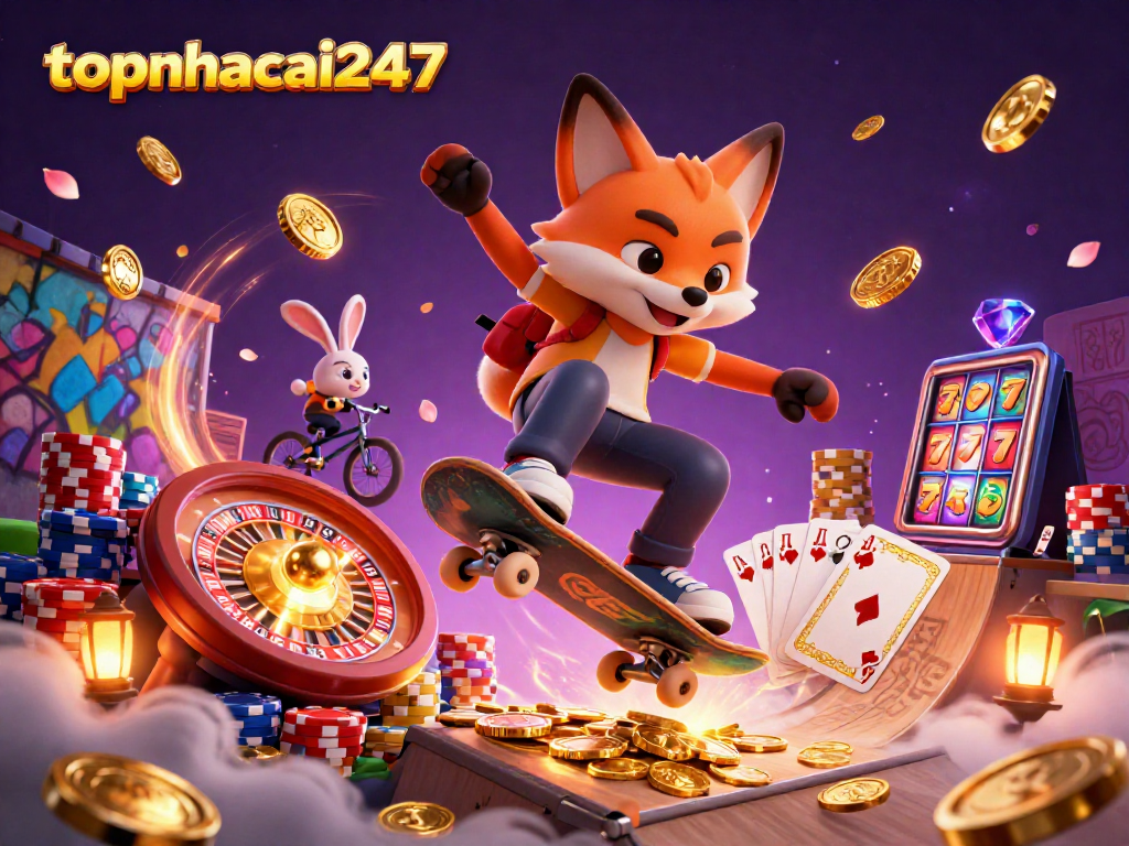 Experience thrilling wins at topnhacai247 with a vibrant casino scene featuring playful characters and dynamic gaming elements.