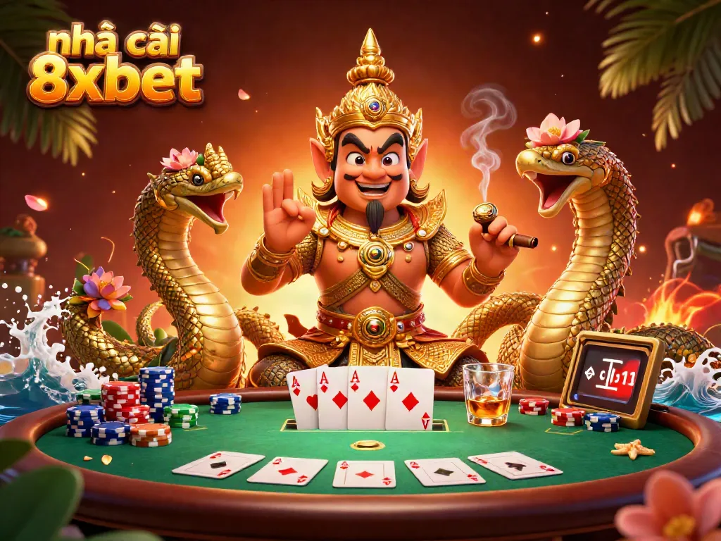 Engage in thrilling moments at nhà cái 8xbet with a vibrant scene of poker excitement and mythical guardians.