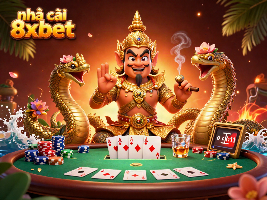 Engage in thrilling moments at nhà cái 8xbet with a vibrant scene of poker excitement and mythical guardians.