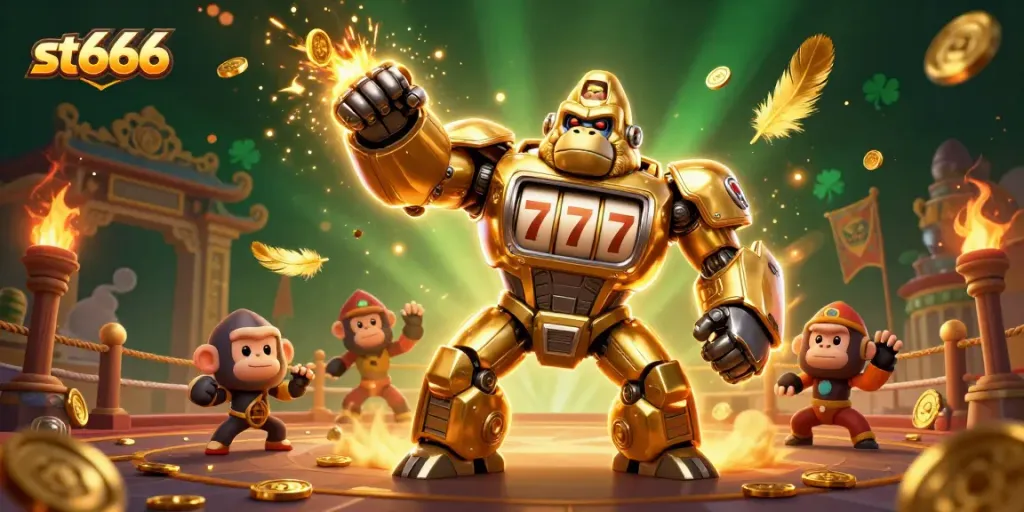 Engage with st666's dynamic gaming world featuring a gold mech gorilla, exhilarating casino elements, and vibrant action.