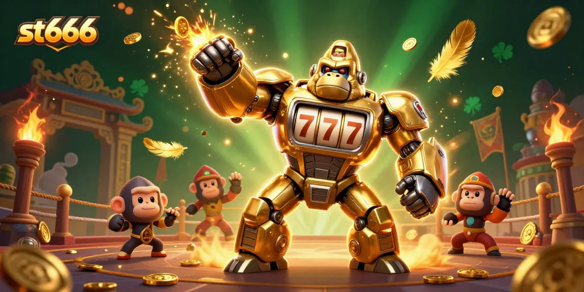Engage with st666's dynamic gaming world featuring a gold mech gorilla, exhilarating casino elements, and vibrant action.