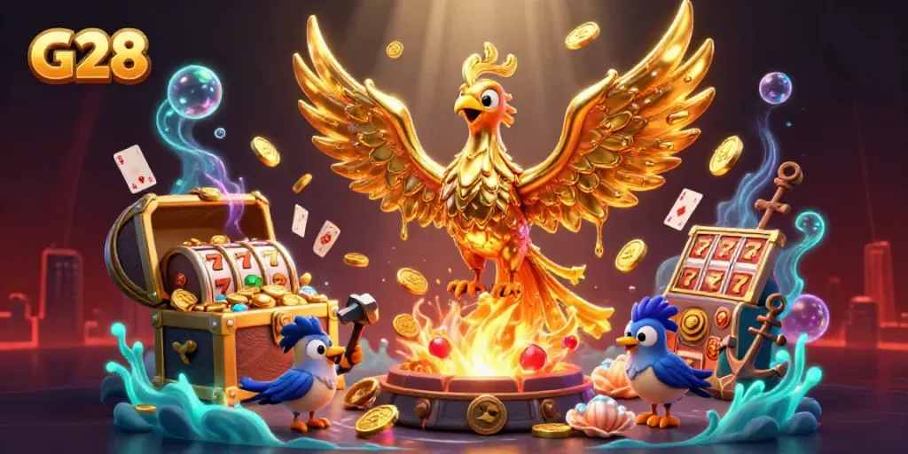 Activate your luck with the G28 golden phoenix soaring amidst vibrant casino treasures.